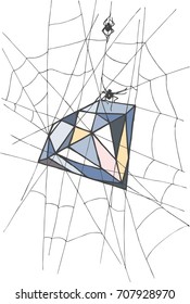 
A spider weaves from a spider's web a precious stone
