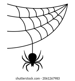 The spider weaves a web. Black Widow. Silhouette. The insect hangs on a thin thread in anticipation of the victim. Vector illustration. A sticky victim trap. Ambush of a clever hunter. Predator.