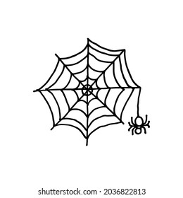 Spider weaves a web on white background. Halloween. Hand drawn illustrations. Doodle style.