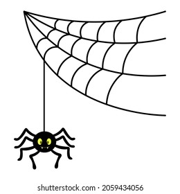 The spider weaves a web. Silhouette. The insect hangs on a thin thread. A clever hunter. Vector illustration. A sticky victim trap. Cute toothy. Hunter's ambush. Isolated white background. Halloween 