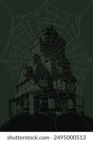 Spider Web and Abandoned Haunted Mansion. Halloween Party Posters, Invitations, Covers Template. Halloween Style Vector Illustration