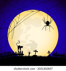 Spider web and spider against the full moon. Old cemetery at Halloween night.