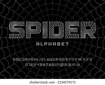 Spider Web-Alphabet-Design mit Großbuchstaben, Zahlen und Symbolen