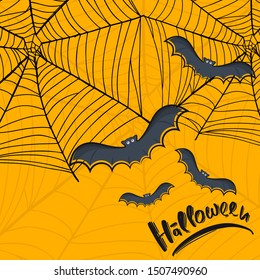 Spider web background with calligraphy text Halloween and bat for greeting card. Vector illustration