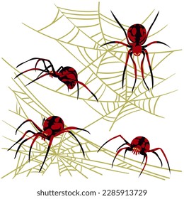 Spider web background for Halloween greeting cards on a white background. A black and red spider on a yellow cobweb hunts and weaves nets. Spiders from different sides. Dangerous spider and cobweb