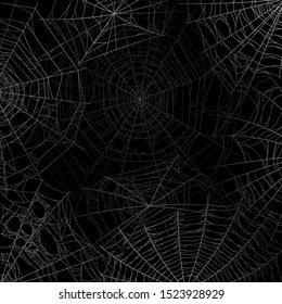 Spider web background. Spooky cobweb for halloween, black grunge poster with spider webs silhouette texture. Scary party vector realistic horror isolated dark spiderweb design