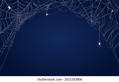 Spider web banner. Halloween spooky decorated background with cobwebs in corners and hanging spiders. Scary spiderweb frame vector pattern. Spider halloween scary and horror banner illustration