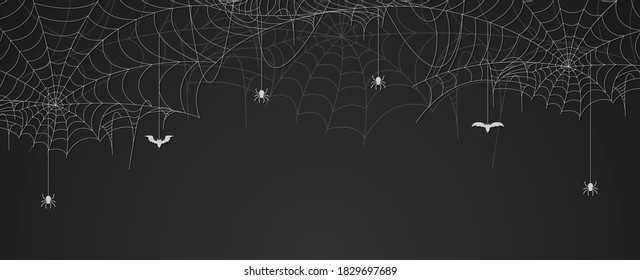 Spider web banner with spiders and bats hanging, cobweb background, copy space