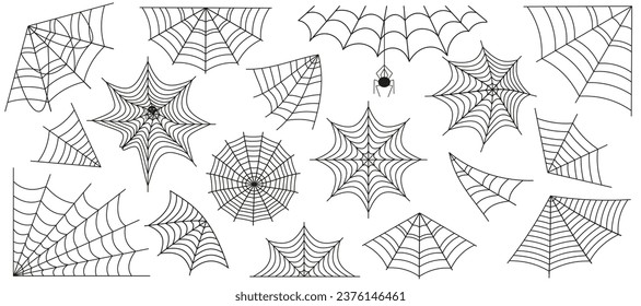 Spider web black color big set. Cobweb horror gothic outline for Halloween holiday decoration. Vector isolated shape on white background