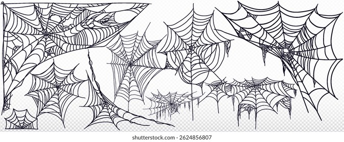 Spider web black color big set. Cobweb horror gothic outline for Halloween holiday decoration. Vector isolated shape on white background