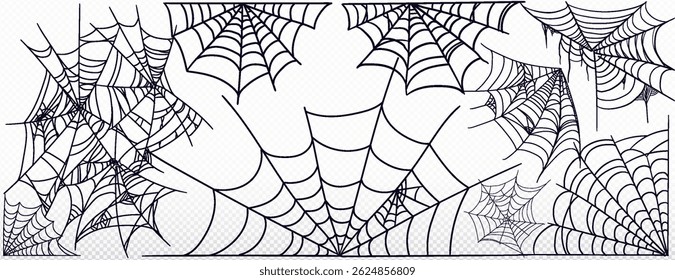 Spider web black color big set. Cobweb horror gothic outline for Halloween holiday decoration. Vector isolated shape on white background