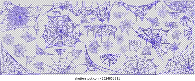 Spider web black color big set. Cobweb horror gothic outline for Halloween holiday decoration. Vector isolated shape on white background
