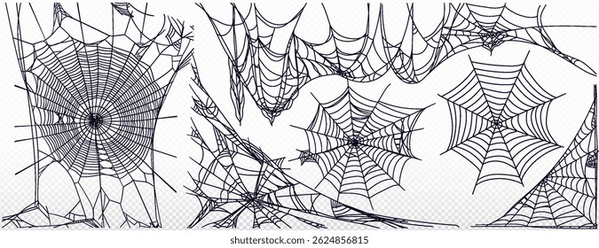 Spider web black color big set. Cobweb horror gothic outline for Halloween holiday decoration. Vector isolated shape on white background
