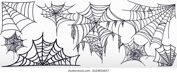Spider web black color big set. Cobweb horror gothic outline for Halloween holiday decoration. Vector isolated shape on white background