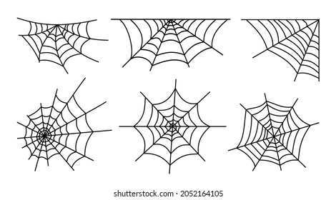 Spider Web Black Line Icon Set. Spiderweb Halloween Symbol, Round, Angular, Asymmetric View. Website Decoration, Tattoo, Logo Or Horror Holiday Design Element Outline Cobweb, Isolated On White