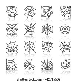 Spider web black thin line with reflection icon set. Cobweb vector isolated linear symbol pack. Spiderweb outline sign. Simple pictogram graphic collection. Textile, print, tag, banner, card design