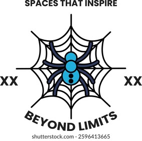 A spider web with a blue spider on it. The spider web is surrounded by a white background