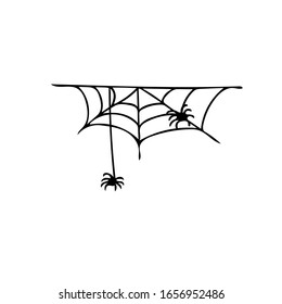 Spider web border with spiders. Hand drawn in doodle style. Scandinavian simple liner. Element for design icon, logo, postcard, poster. halloween decor