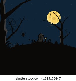 Spider web and cat in tomb. Scary halloween design concept