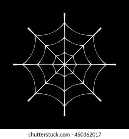 Spider web clip. White cobweb element, isolated on black background. Spiderweb silhouette graphic. Symbol of halloween, network, trap and danger, scary, arachnid. Design tattoo. Vector illustration