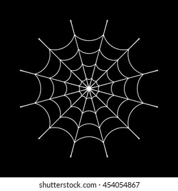 Spider web clip. White cobweb element, isolated on black background. Spiderweb silhouette graphic. Symbol of halloween, network, trap and danger, scary, arachnid. Design tattoo. Vector illustration