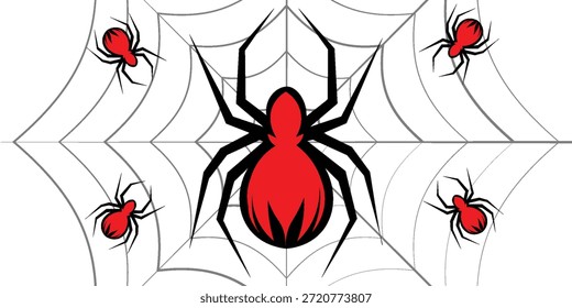 Web de la araña. Telaraña sobre fondo rojo. Ilustración vectorial	