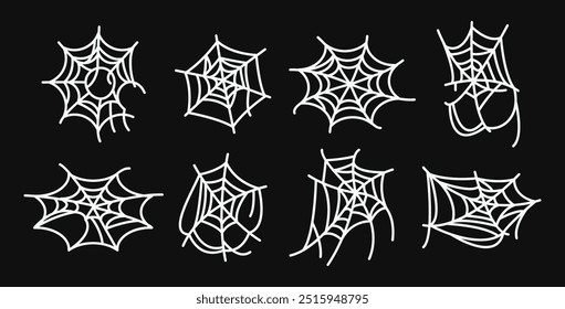 Spider web. Cobweb scary frames. Spooky Halloween background. Isolated gothic decorative elements set. Vector sticky tangled lines hanging in corners