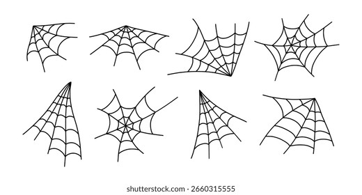 Spider web, cobweb set, isolated on white background. Vector illustration, traditional Halloween decorative elements. Halloween silhouettes black line spiderweb or cobweb - for design decor.