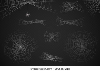 Spider web. Cobweb silhouette for halloween decoration, gossamer trap. Scary horror webs, spooky garden realistic web vector spiderwebs texture set