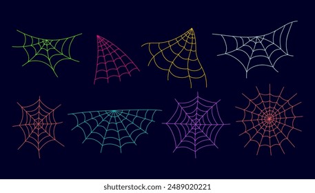 Spider web cobweb spiderweb colorful net isolated on white background set. Vector cartoon graphic design element illustration