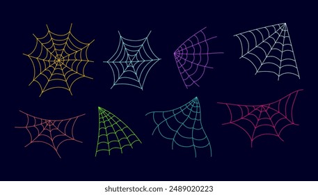 Spider web cobweb spiderweb colorful net isolated on white background set. Vector cartoon graphic design element illustration