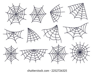 Spider web cobweb spiderweb net isolated on white background set. Vector cartoon graphic design element illustration