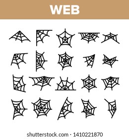 Spider Web, Cobweb Vector Linear Icons Set. SpiderWeb, Spider Trap For Insects Outline Symbols Pack. Halloween Spooky Decoration. Abandoned Place. Natural Thread Isolated Contour Illustrations