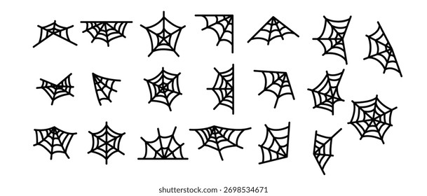 Spider Web, Cobweb Vector Linear Icons Set. SpiderWeb, Spider Trap For Insects Outline Symbols Pack. Halloween Spooky Decoration. Abandoned Place. Natural Thread Isolated Contour Illustrations