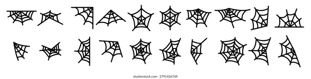 Spider Web, Cobweb Vector Linear Icons Set. SpiderWeb, Spider Trap For Insects Outline Symbols Pack. Halloween Spooky Decoration. Abandoned Place. Natural Thread Isolated Contour Illustrations