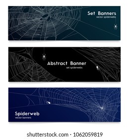 Spider web and cobwebs 3 realistic horizontal banners with black and dark blue background isolated vector illustration 