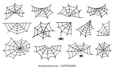 Spider Web Collection. Halloween Trap Vector Cobweb Icon line Doodle Art Set Isolated on White