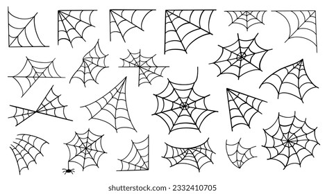 Spider Web Collection. Halloween Trap Vector Cobweb Icon line Doodle Art Set Isolated on White