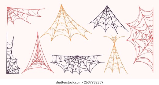 Spider Web Collection in Hand Drawn Style. Doodle arachnid web perfect for cards, party invitations, web, fashion, print