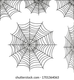 Spider web collection isolated on white tone. Spider web for Halloween design. Web element spider, spooky, scary, horror for Halloween decor. Hand drawing silhouette. Vector illustration