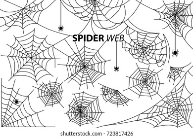 Spider web collection of vector illustrations with inscription isolated on white background. Black silhouettes of small multi-legged arthropods hanging