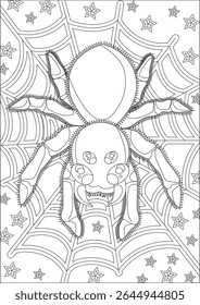 Spider In Web Coloring Page Halloween Vector