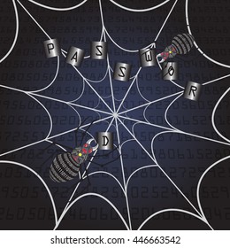 Spider and spider web concept of data hacking on digital social for entrap password and user data, like computer bug and virus or worm.