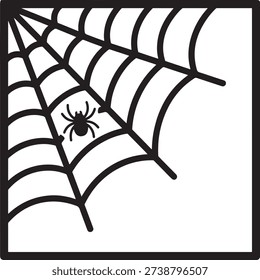 Spider web corner silhouette. Halloween cobweb decoration vector icon with small spider. Spooky net illustration.