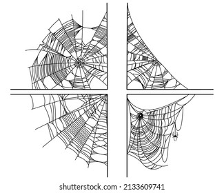 Esquinas web arañas aisladas en fondo blanco. La decoración es un poco sobria y cobarde. Elementos de diseño de vectores para Halloween, horror, fiesta fantasma o monstruo, invitación y afiches.