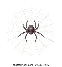 Spider in the web with a cross on its back, top view, cartoon vector illustration