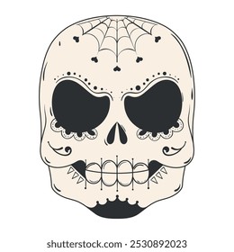 Spider web decorated sugar skull in black and white, Vector