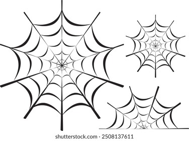 Spider web in different size. Pumpkin, witch, bat, castle, black cat, spider, candle, skull, creepy, spooky. Vector Illustration.
