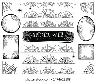 Spider web dividers. Halloween spiderwebs with spiders, cobweb frame and corners. Gossamer borders for banner vector horror spooky abstract illustration set