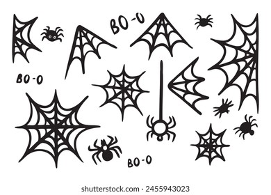 Spider web doodle icons Halloween decoration set. Monochrome Cobweb. Cute Spiders web elements. Vector illustration